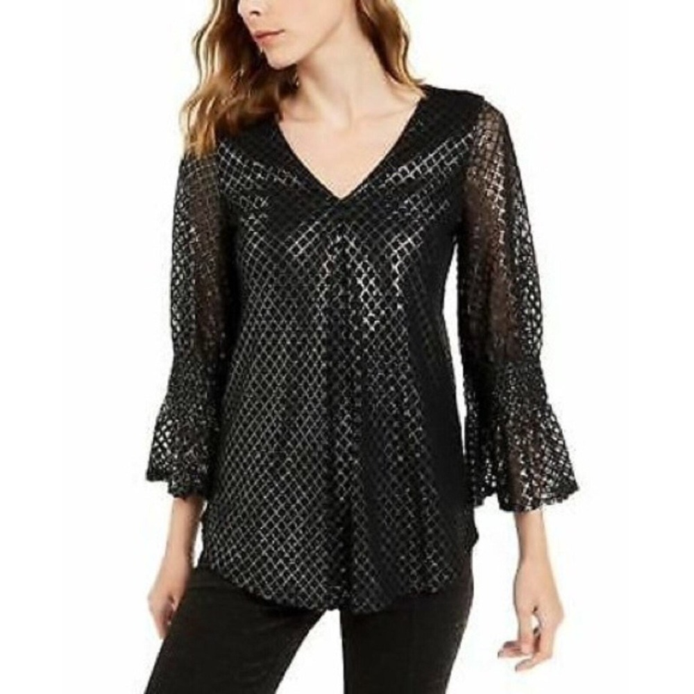Alfani Black Geometric Metallic Mesh Bell Sleeve V Neck Blouse Top Women's S
